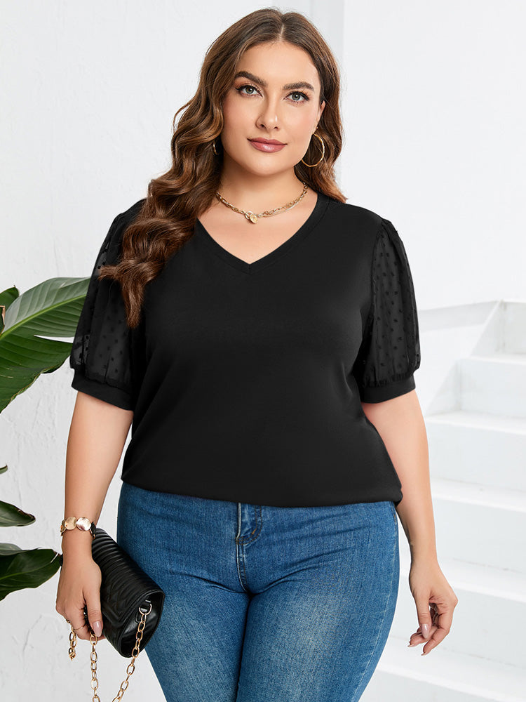 Sheer-Sleeve V-Neck Top