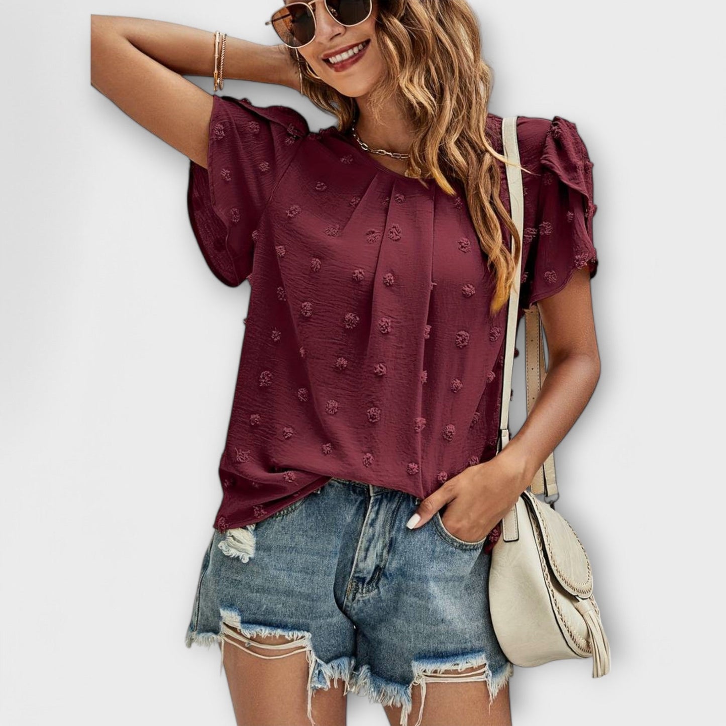 Petal-Sleeve Swiss Dot Blouse