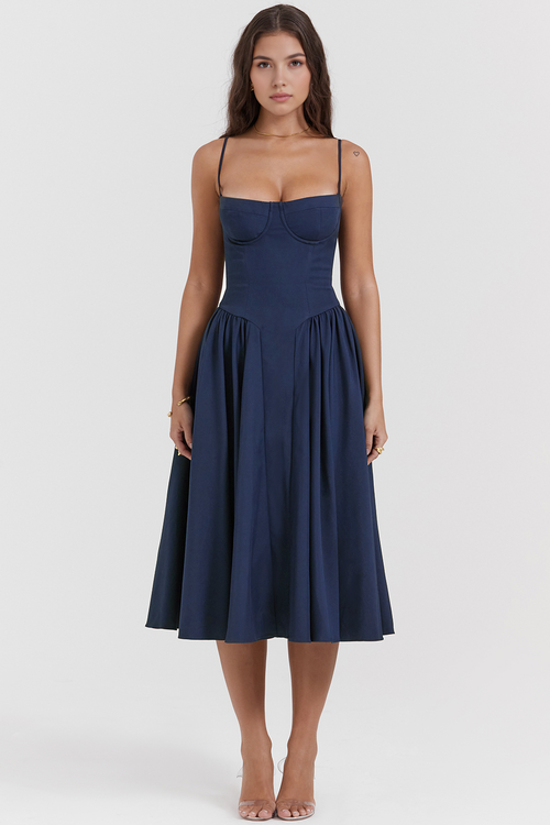 Chic Boned-Bodice Midi Dress