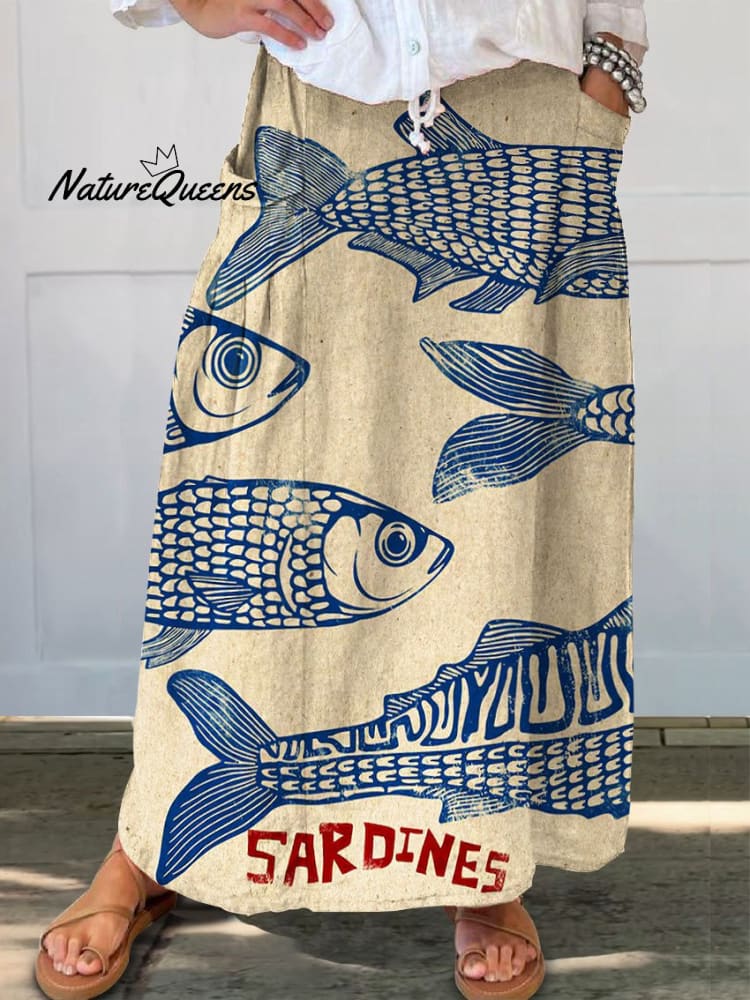 Vintage-Zomerrok Met Sardineprint